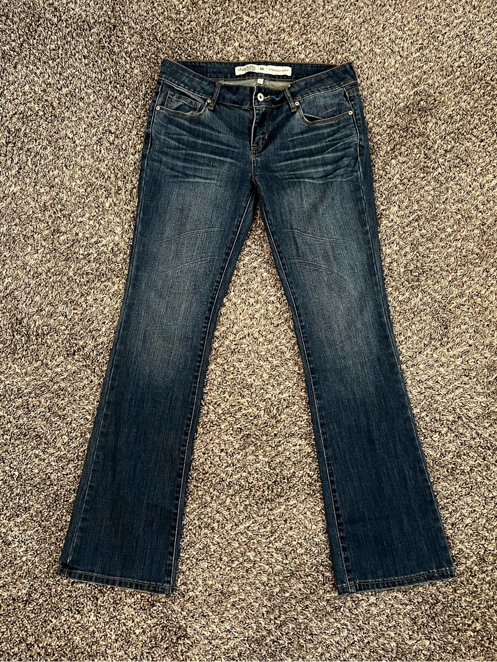 Y2K Charlotte Russe dark wash low rise bootcut jeans 2000’s Elena Gilbert style